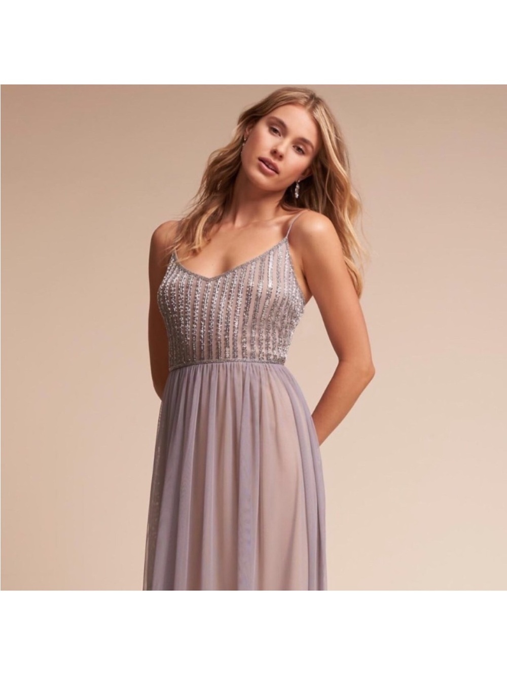 BHLDN Adriana Papell Beaded Lavender Spaghetti-Strap Evening Dress